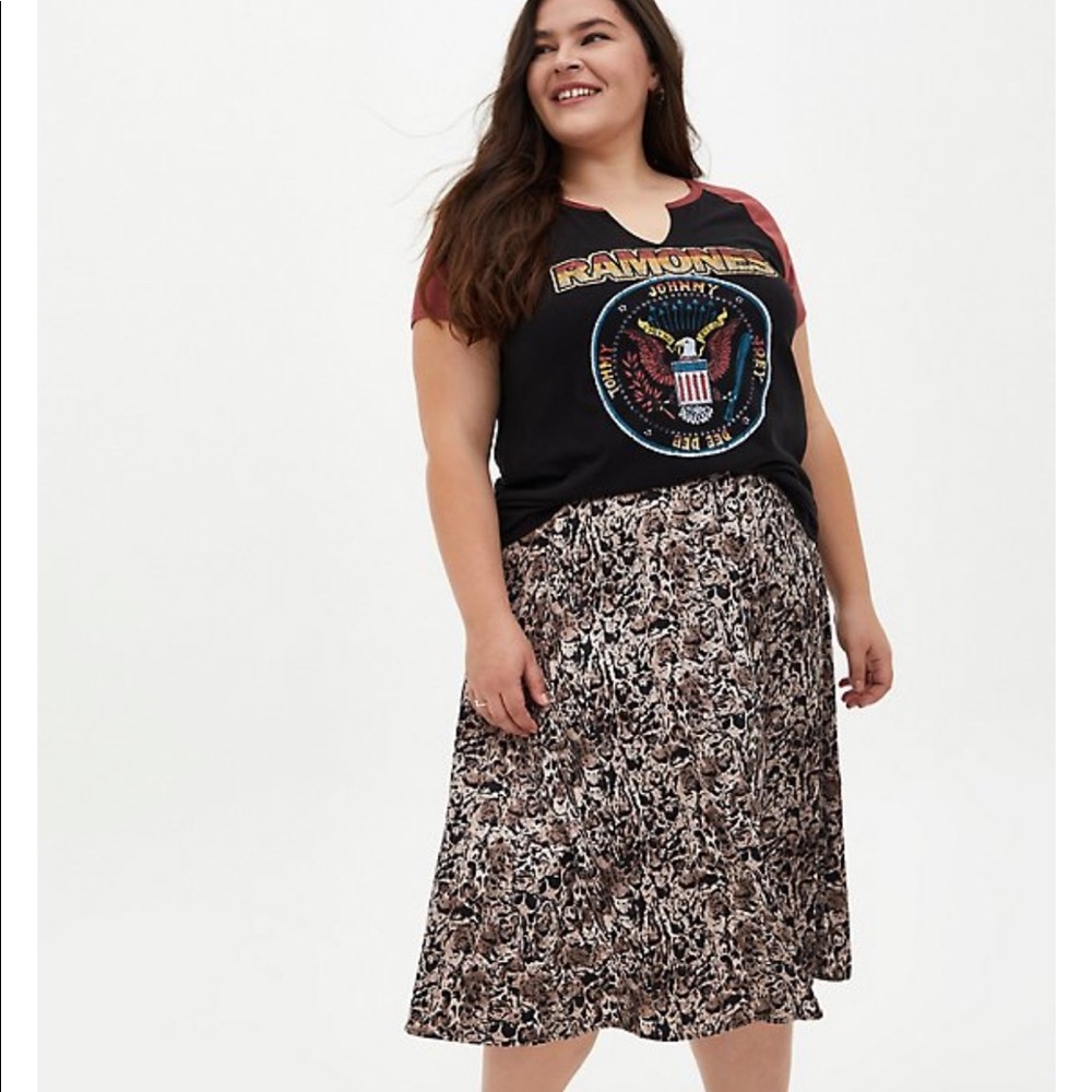 Black Woodland Print Satin A-Line Midi Skirt